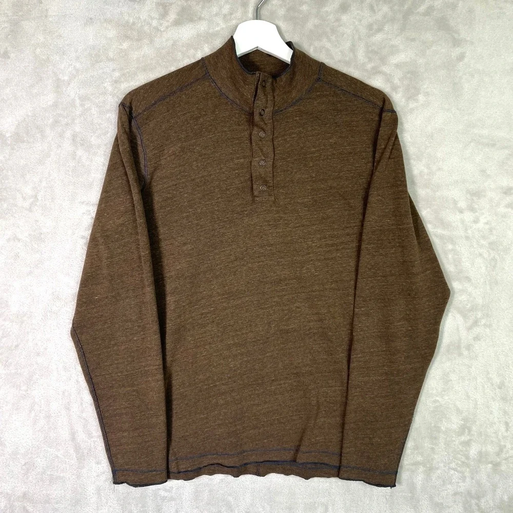 Agave Henley Snap Button‎ Long Sleeve Shirt Size Small Brown Made In USA